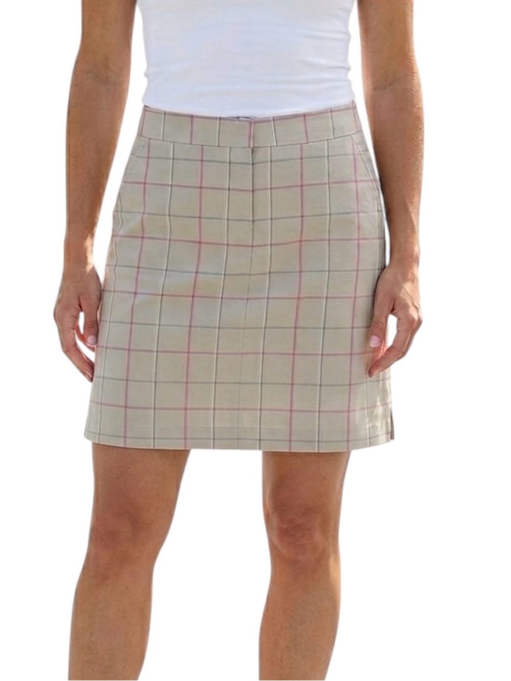 NWT Barneys NY Liquid Plaid Mini Skirt Tan Pink 10 Lined Pencil Summer Golf